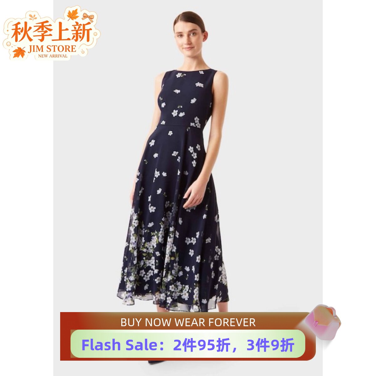 HOBBS藏蓝碎花中长裙优雅英伦风