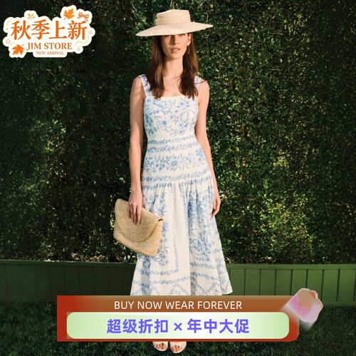Phase Eight吊带连衣裙度假裙白底浅蓝印花高腰大摆清新优雅气质