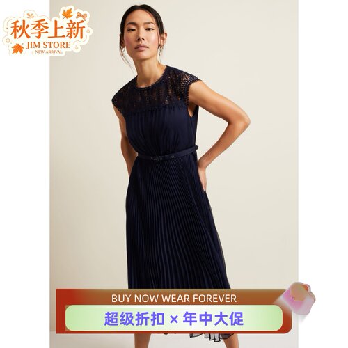 Phase Eight连衣裙百褶裙藏蓝中长蕾丝拼接高腰修身优雅英伦显瘦