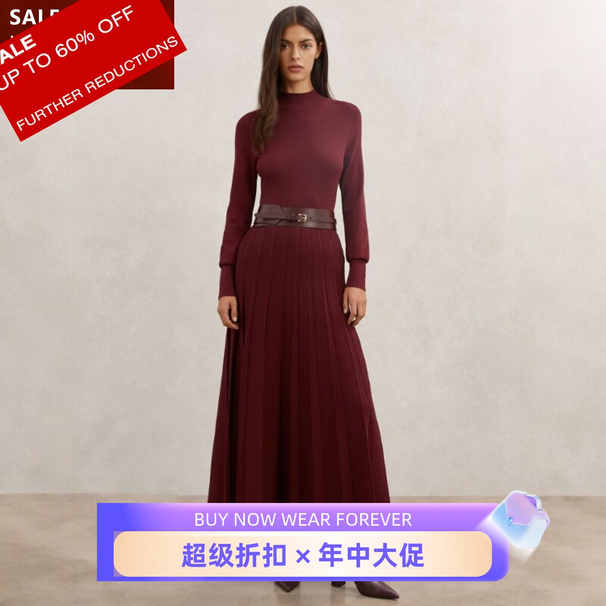 REISS长袖酒红连衣裙百褶裙中长款A字高腰修身纯色优雅气质显瘦