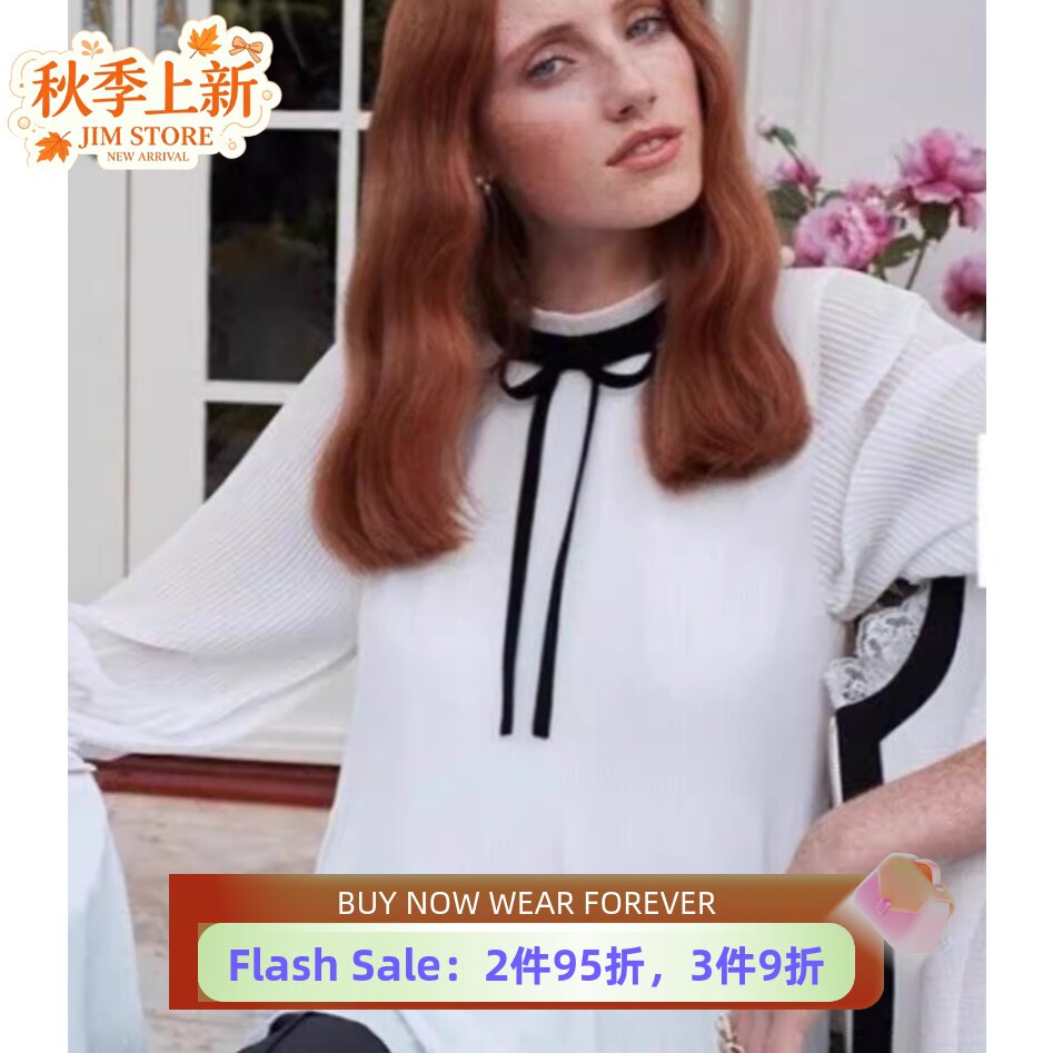 TED BAKER长袖白衬衣衬衫百褶黑色缝边蝴蝶系带优雅淑女百搭通勤