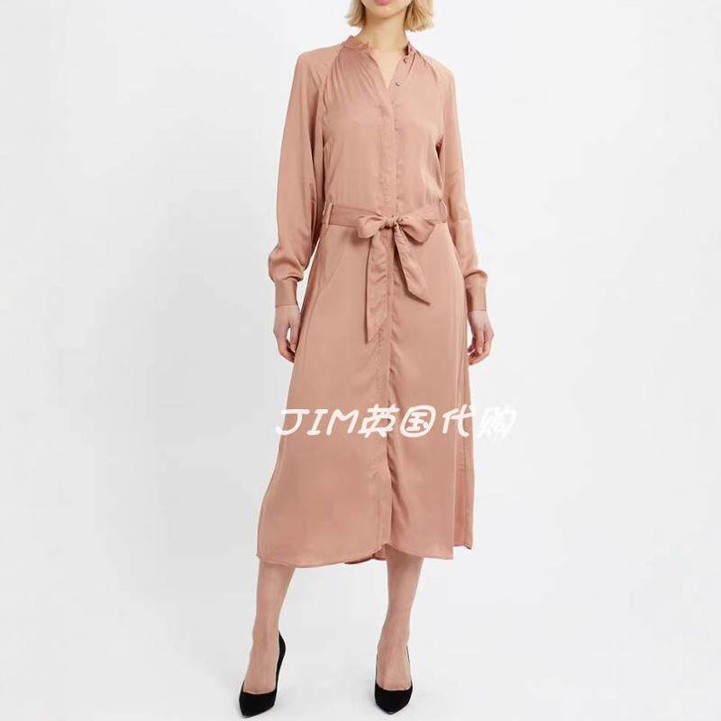 REISS连衣裙衬衫裙长袖裸粉色系带圆领中长优雅通勤气质百搭