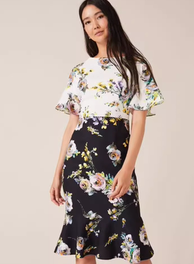 Phase Eight短袖包臀连衣裙鱼尾裙碎花印花拼色优雅通勤OL百搭