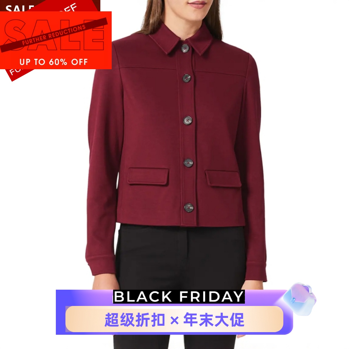 HOBBS酒红色短外套夹克纯色衬衫领简约英伦气质百搭干练