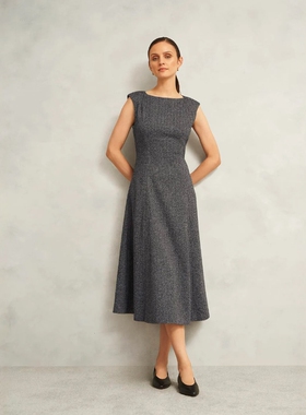 HOBBS灰色A字连衣裙无袖中长款纯色船领高腰修身优雅大气通勤OL