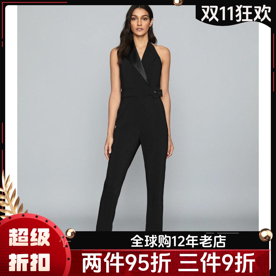 REISS夏季新连体裤连衣裤无袖西服领长裤直筒黑色束腰干练通勤OL