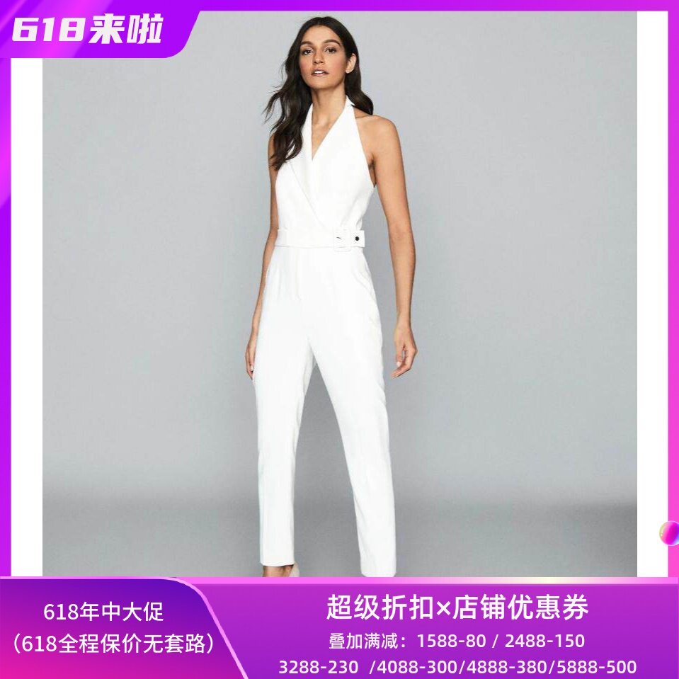 白色露背挂脖束腰西服领连体裤