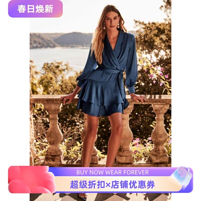 青蓝色裹腰V领断码连衣裙