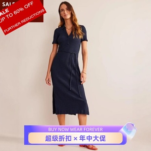 UNI 裙中长直筒系带POLO领藏蓝简约气质百搭 CLOSET短袖 连衣裙衬衫