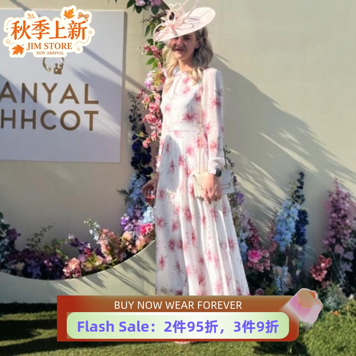 HOBBS连衣裙真丝长袖象牙白印花碎花中长高腰飘逸淑女优雅名媛