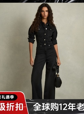 REISS黑色连体裤连体衣长裤牛仔布纽扣装饰高腰修身干练英伦显瘦