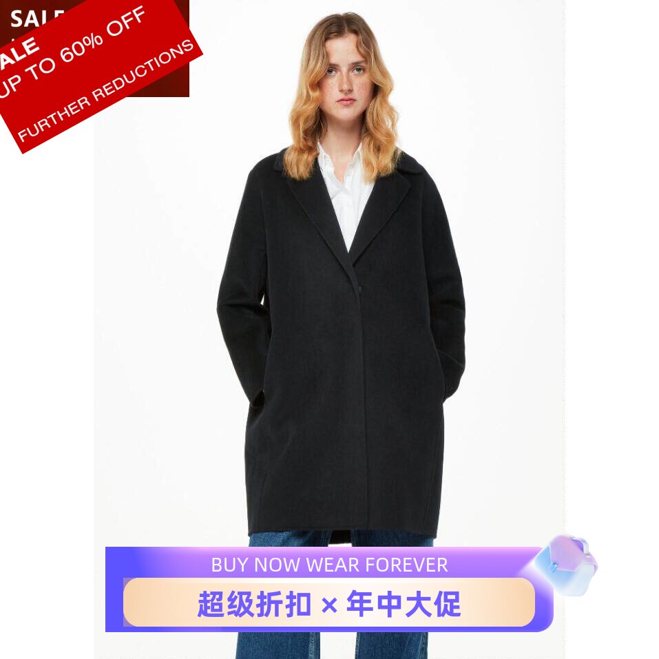 WHISTLES黑色羊毛一粒扣大衣