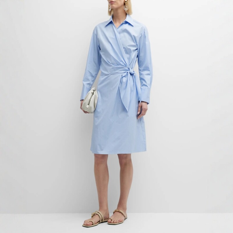 UNI CLOSET蓝色长袖衬衫裙连衣裙中长纯色裹腰简约淑女清新百搭