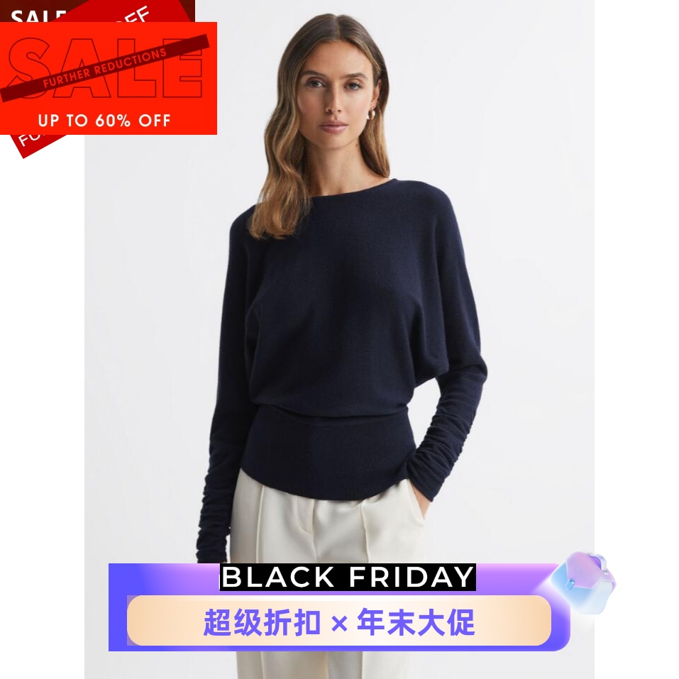 REISS藏蓝色羊毛混纺针织上衣