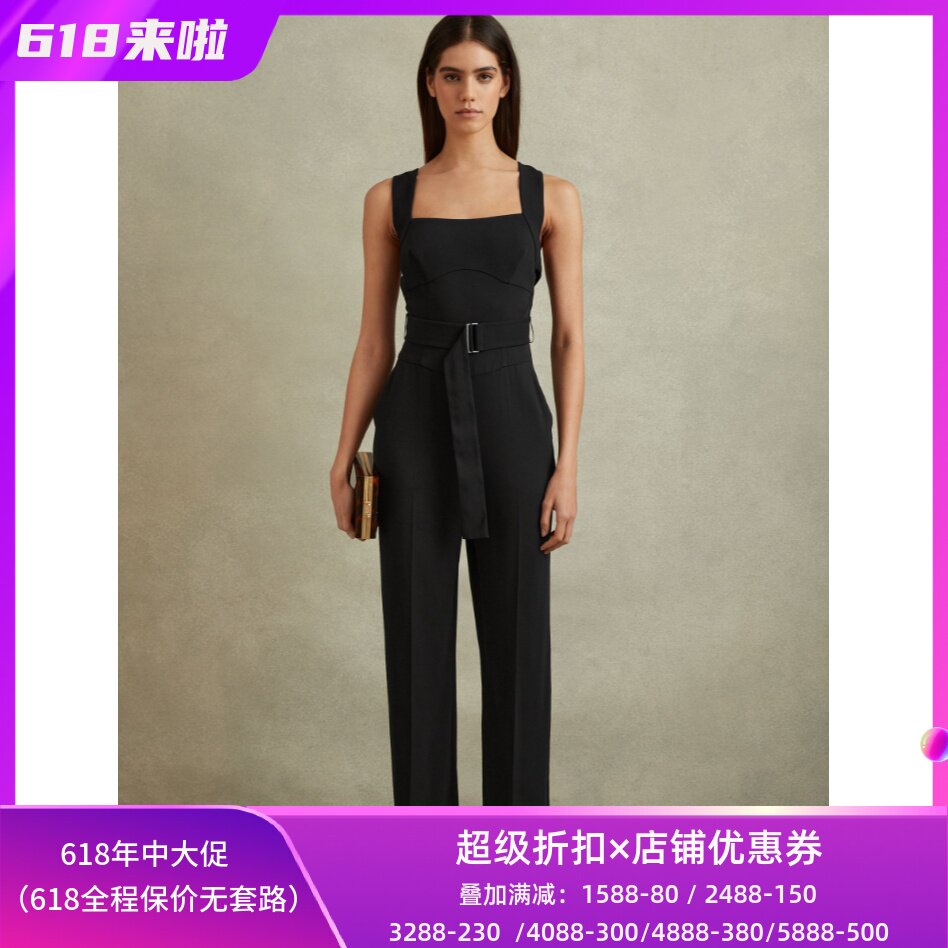 REISS黑色连体裤连衣裤吊带长裤纯色露背高腰配腰带休闲英伦显瘦