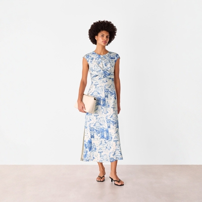 WHISTLES连衣裙白底浅蓝古罗马风景绘画中长圆领褶皱设计简约气质