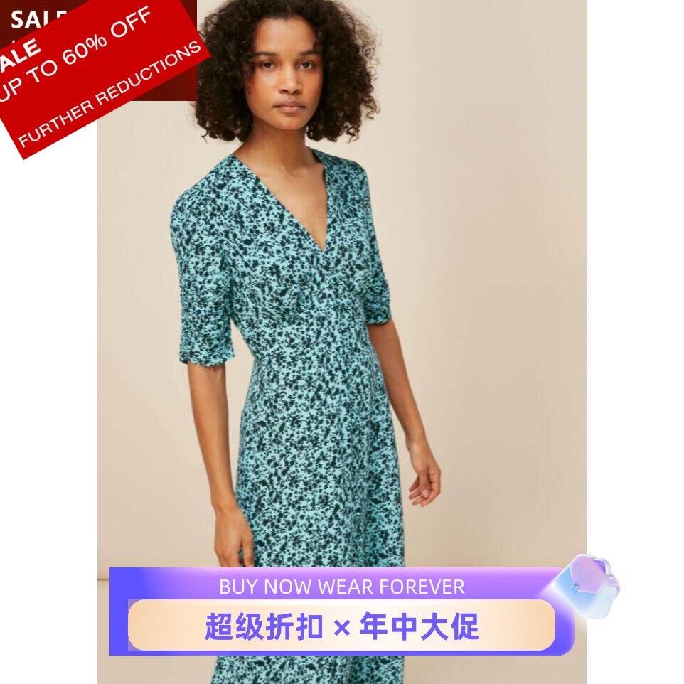 WHISTLES短袖连衣裙浅色碎花中长A字修身V领优雅淑女清新气质百搭
