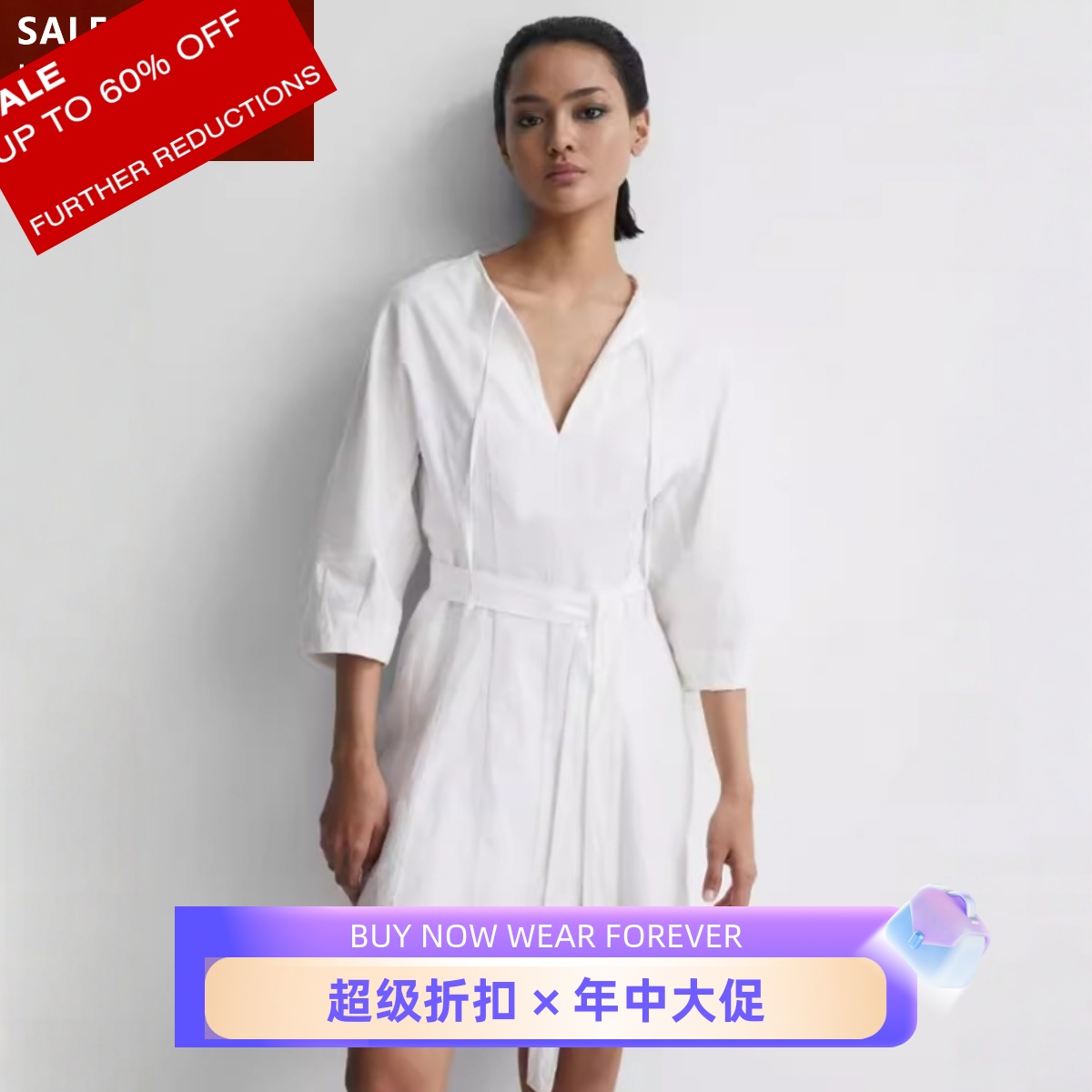 REISS连衣裙五分袖白色亚麻混纺A字系带高腰修身清新淑女优雅