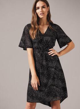 Phase Eight短袖连衣裙黑色星星碎花印花中长修身优雅英伦显瘦