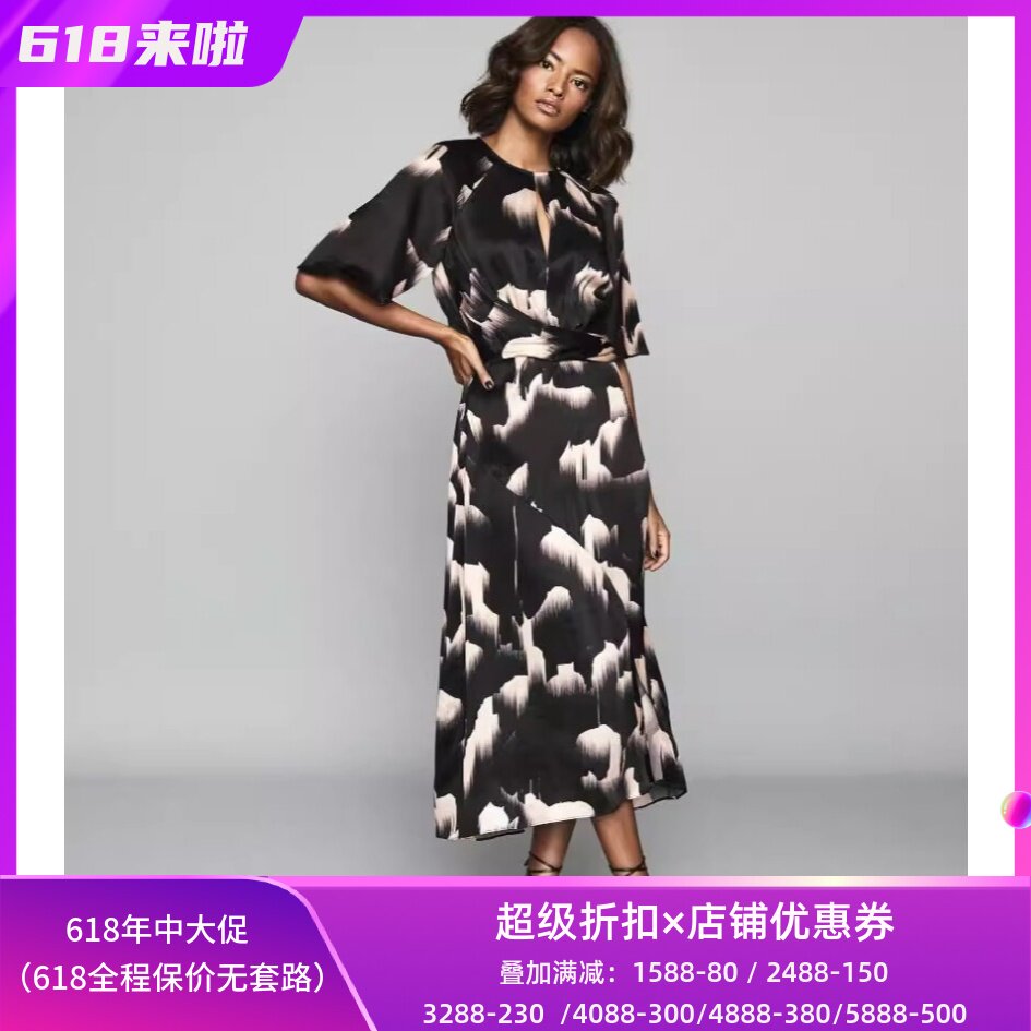 REISS短袖连衣裙休闲度假裙中长黑色印花微露背裹腰优雅英伦气质