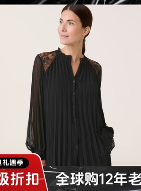 UNI CLOSET黑色长袖百褶衬衫衬衣肩部镂空纯色气质通勤OL大气百搭