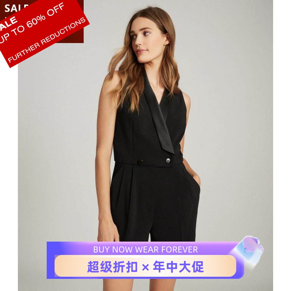 黑色西服领无袖短裤英伦连体衣