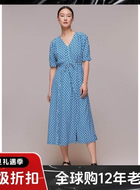 WHISTLES短袖蓝色V领连衣裙中长波点高腰系带优雅清新淑女气质