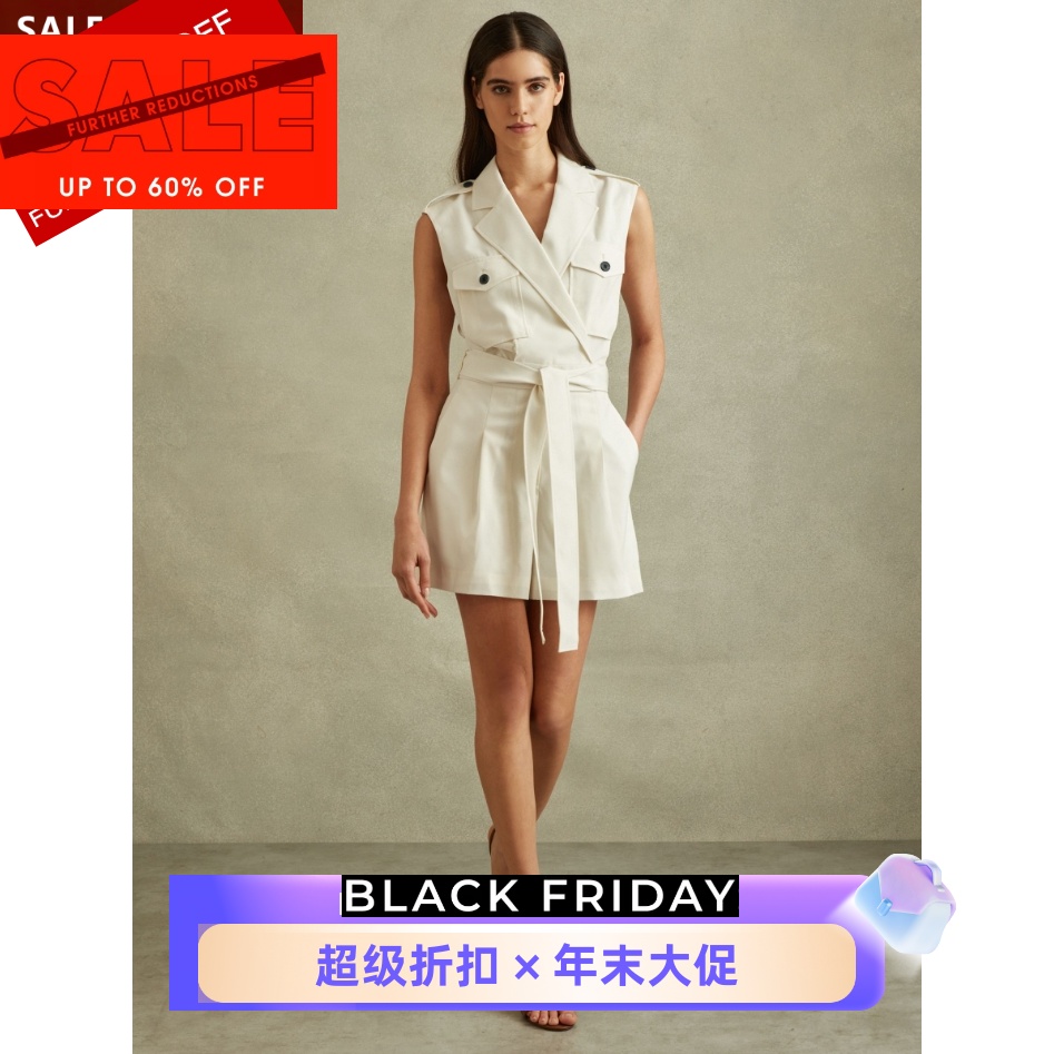 REISS西服领连体裤连衣裤短款无袖对称口袋系乳白色简约通勤气质