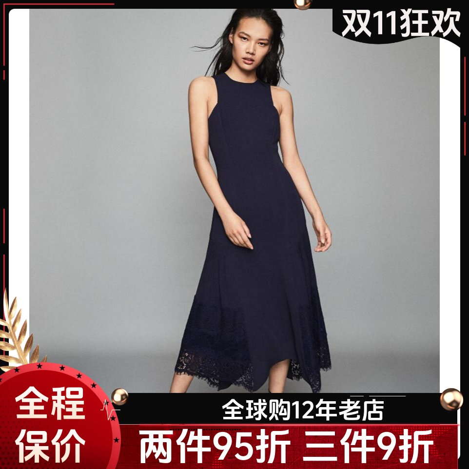 蕾丝露背中长修身气质英伦