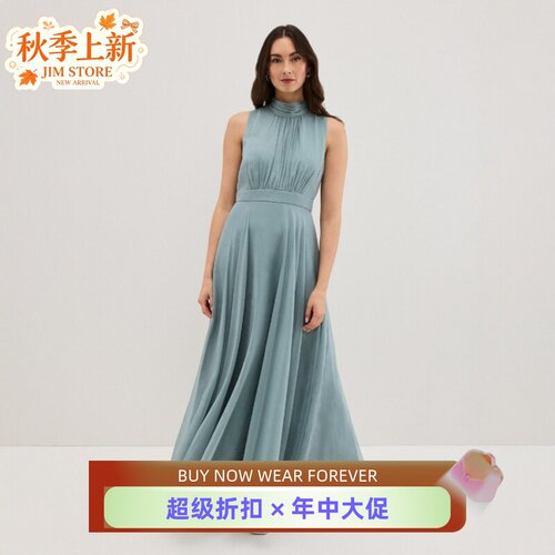 Phase Eight灰绿色礼服裙长裙连衣裙无袖高领褶皱纯色优雅大气