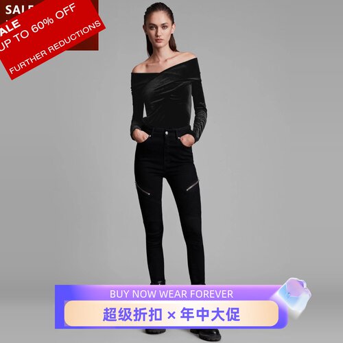 UNI CLOSET黑色丝绒T恤上衣一字领包裹裹胸修身简约气质英伦显瘦