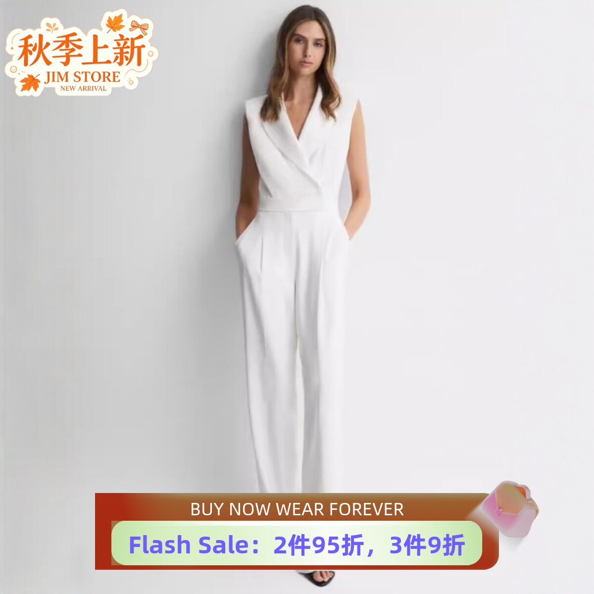 REISS白色连体裤连体衣西服领无袖长裤高腰修身优雅英伦气质干练