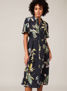 Phase Eight短袖衬衫裙中长H型黑底印花英伦淑女气质显瘦百搭