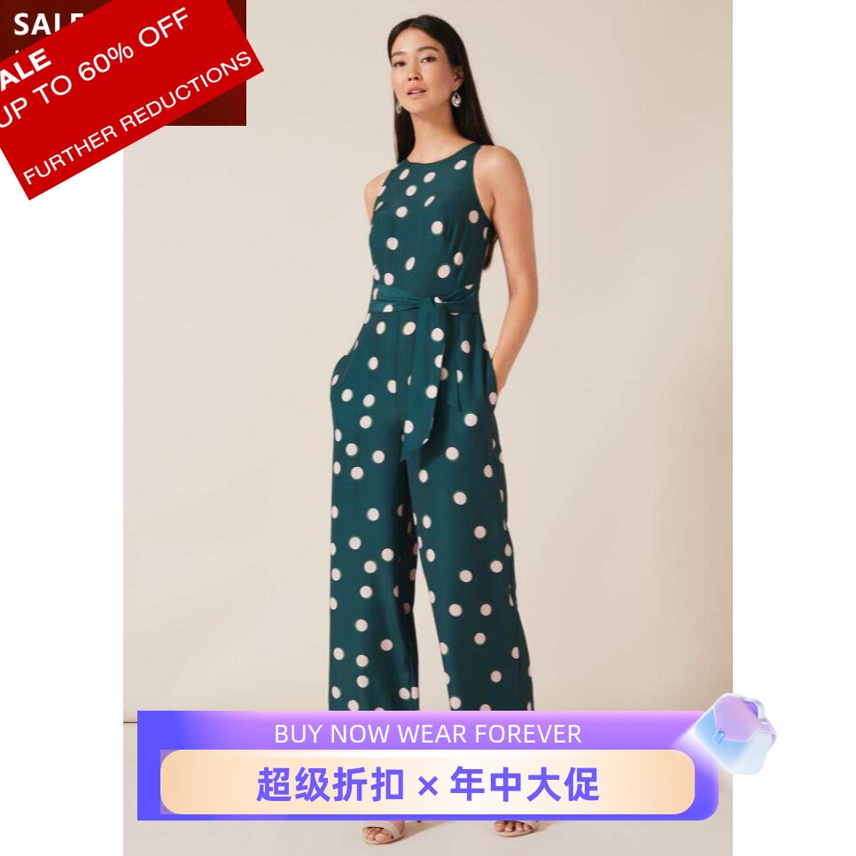 Phase Eight连体裤连衣裙深绿波点无袖长裤直筒系带束腰气质百搭