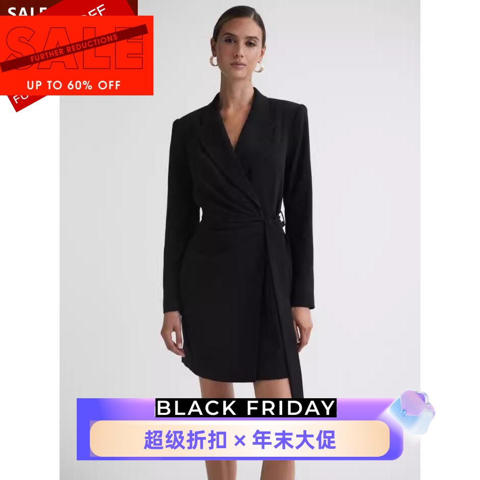 REISS黑色包臀西服裙裹腰系带