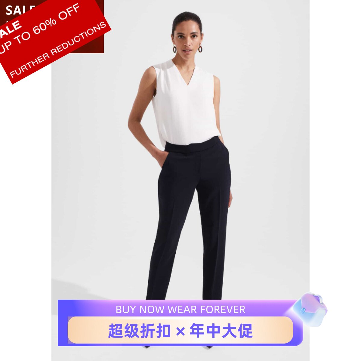 HOBBS女裤西裤正装裤藏蓝纯色中腰通勤OL风气质百搭显瘦