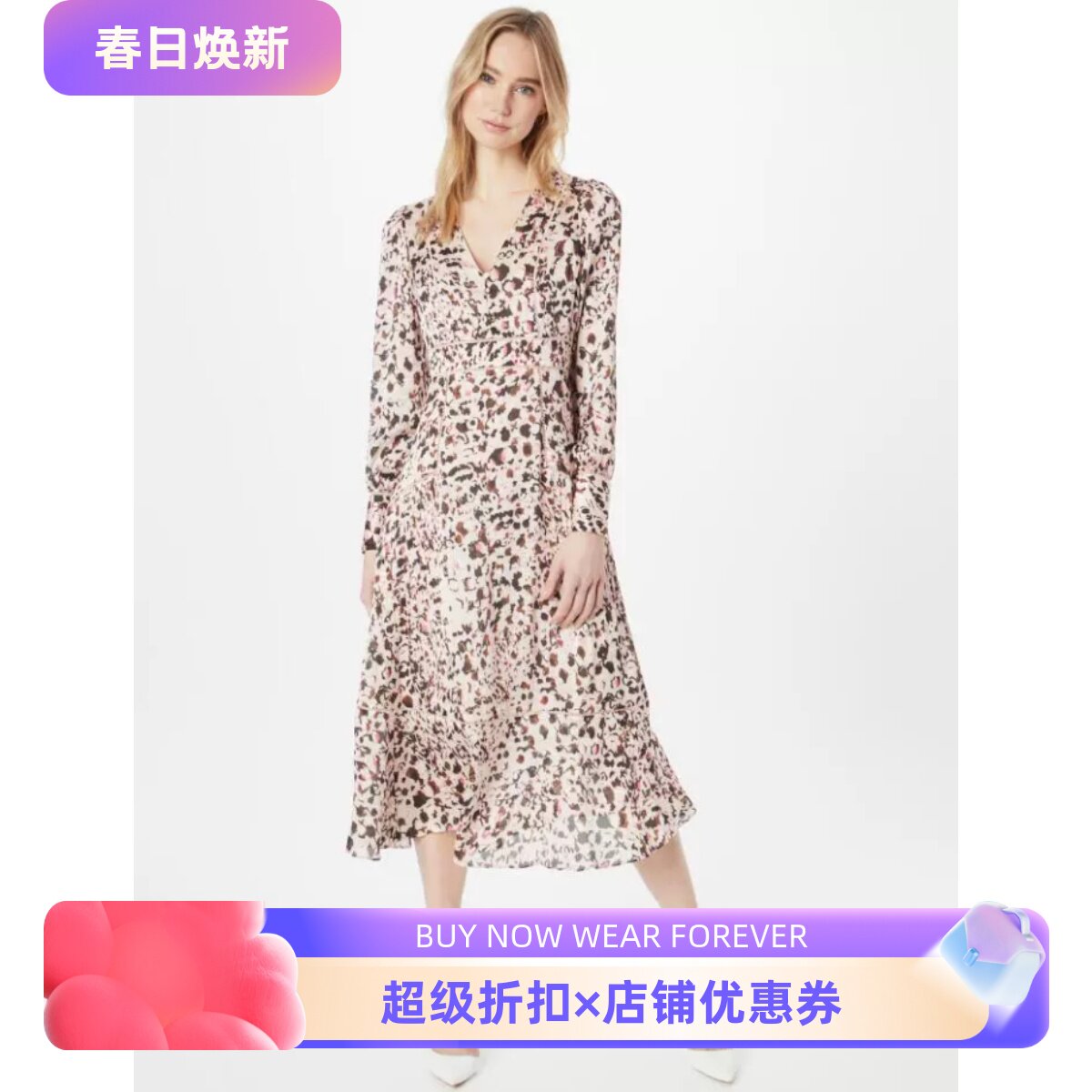 英国品牌张萌同款长袖连衣裙V领中长款淡粉碎花高腰修身优雅百搭