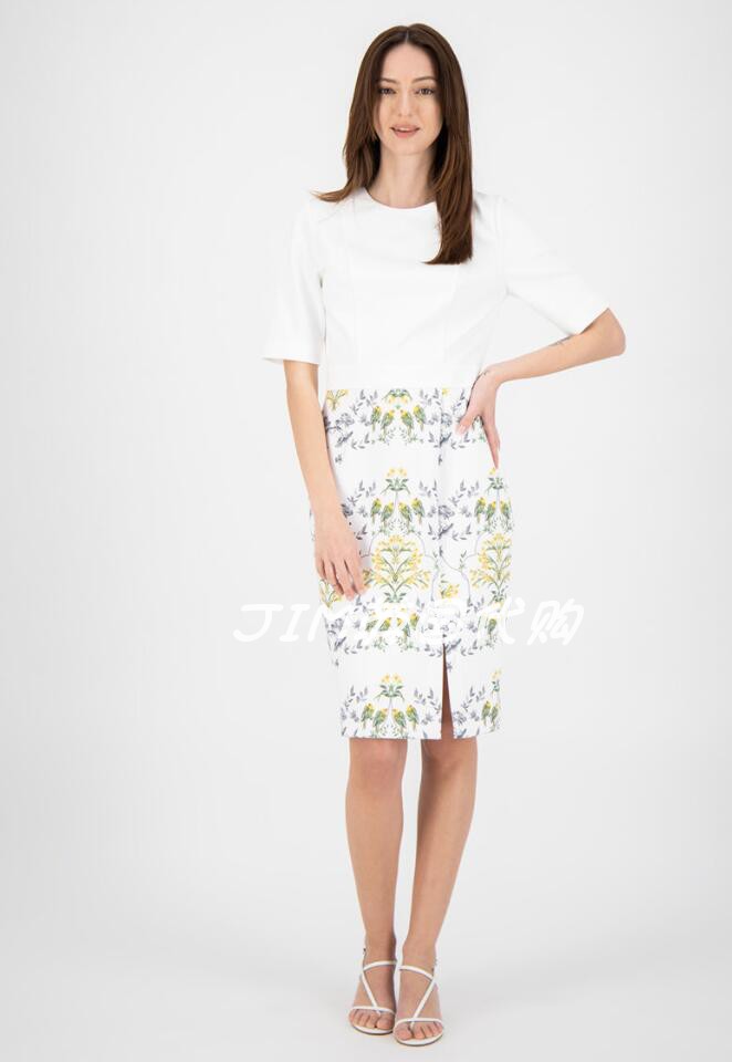 英国TB短袖包臀连衣裙拼色白色印花束腰铅笔裙修身通勤OL百搭