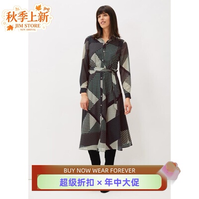 PhaseEight长袖衬衫裙格纹拼接