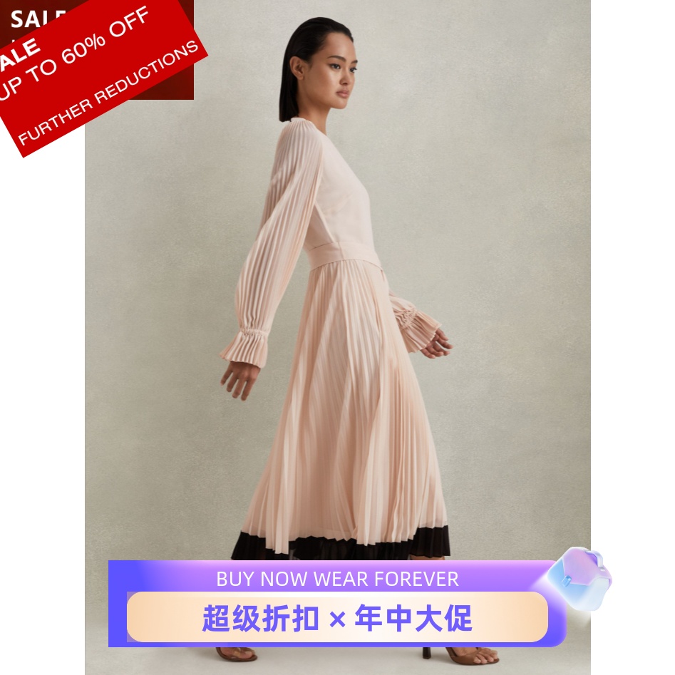 REISS裸粉长袖百褶连衣裙