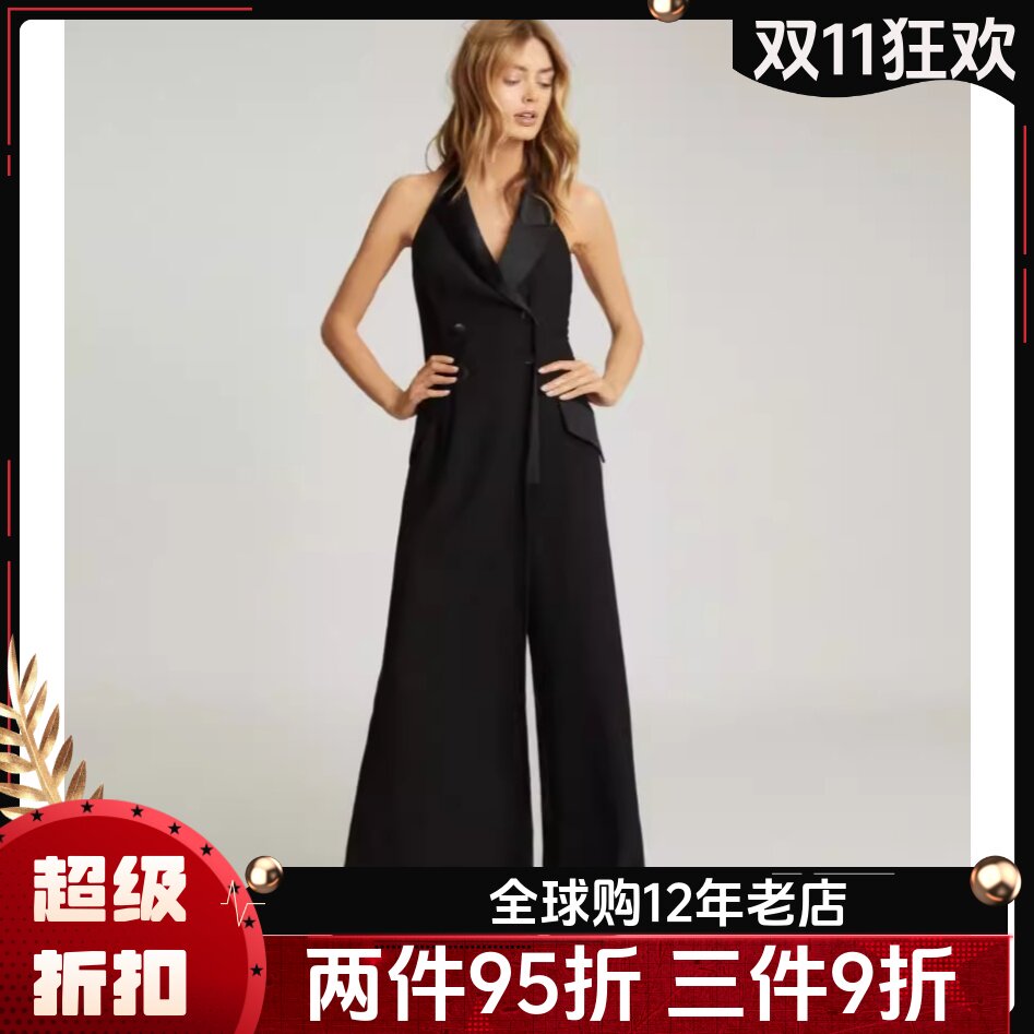 REISS黑西服领双排扣阔腿连体裤