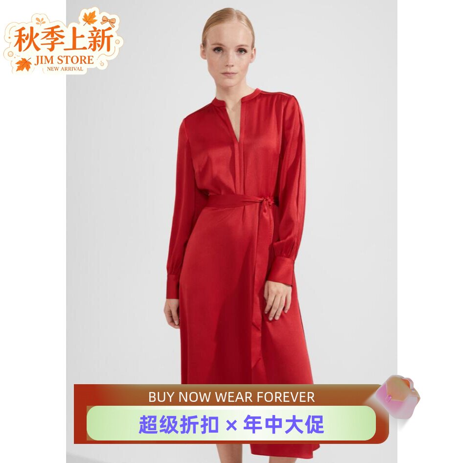 HOBBS红色长袖缎面连衣裙