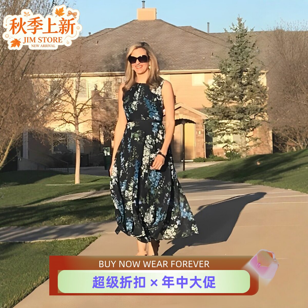 HOBBS连衣裙中长藏蓝碎花A字雪纺气质英伦显瘦淑女百搭通勤