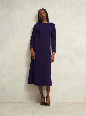 HOBBS长袖连衣裙暗紫色中长款纯色高腰修身优雅英伦通勤气质显瘦