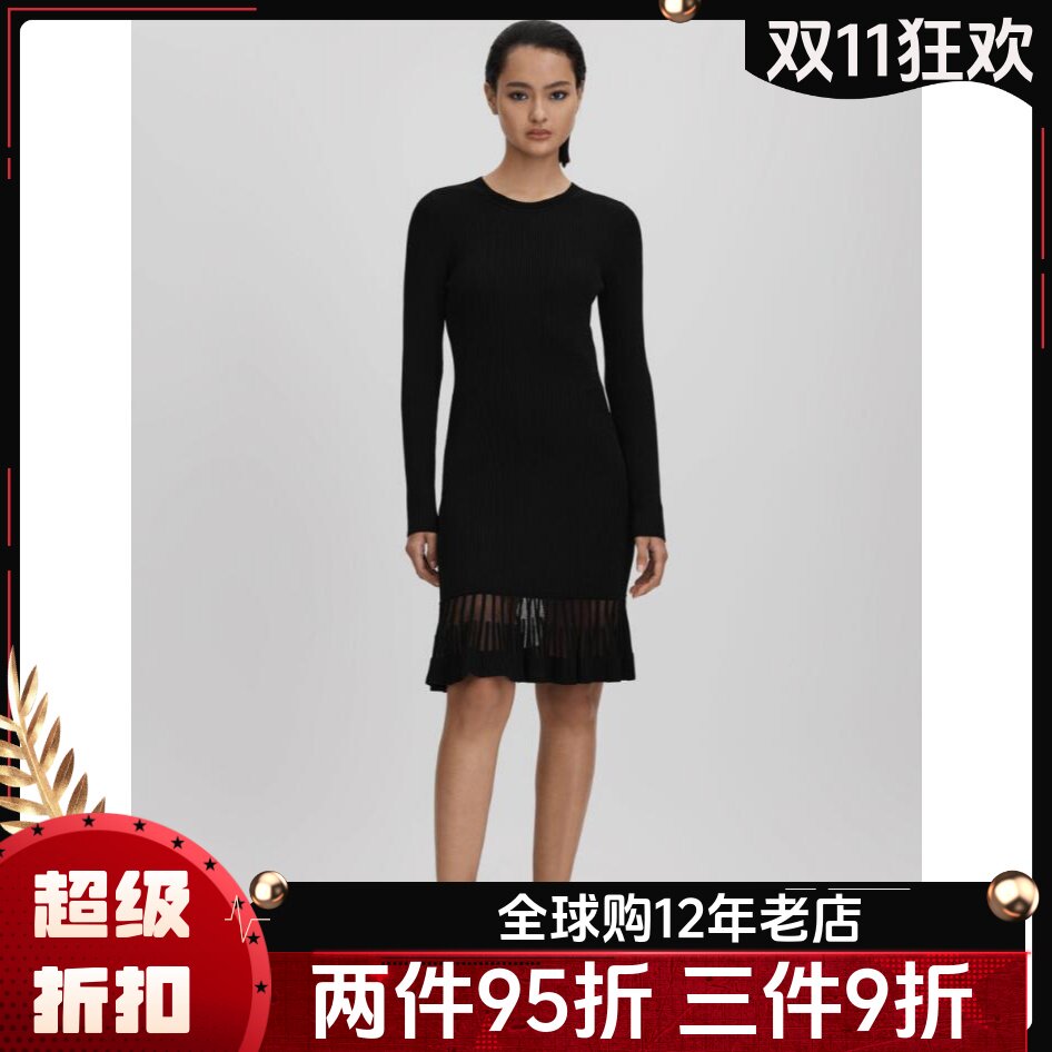 REISS黑色针织长袖连衣裙