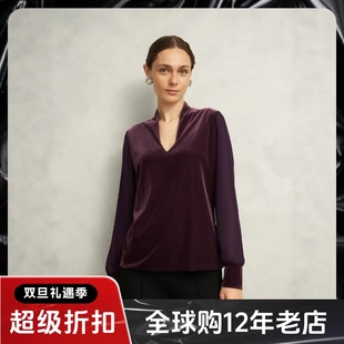 HOBBS酒红丝绒上衣衬衫网纱袖V领直筒简约气质优雅名媛英伦风