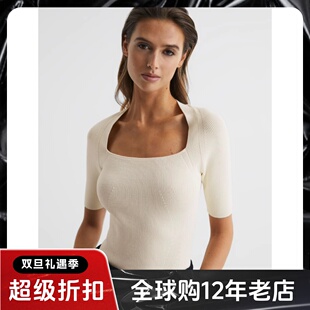 REISS短袖针织衫乳白色方领短款修身竖坑条简约淑女通勤气质百搭