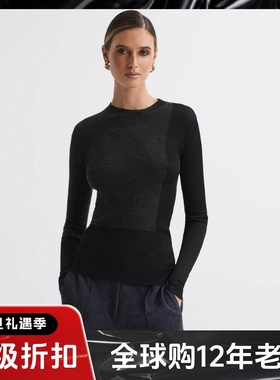 REISS羊毛针织衫毛衣黑色拼色短款修身显瘦通勤OL风气质百搭