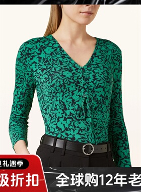 HOBBS上衣T恤V领七分袖绿色碎花褶皱装饰修身舒适气质百搭英伦风