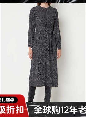 WHISTLES长袖黑色系带连衣裙中长裙碎花波点气质英伦通勤百搭显瘦